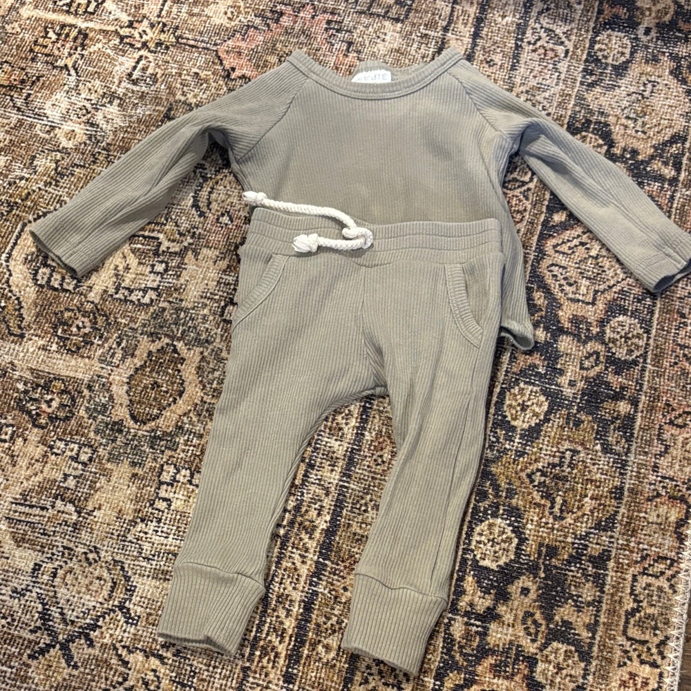 Kids Ribbed Matching Sweat Set — Sage